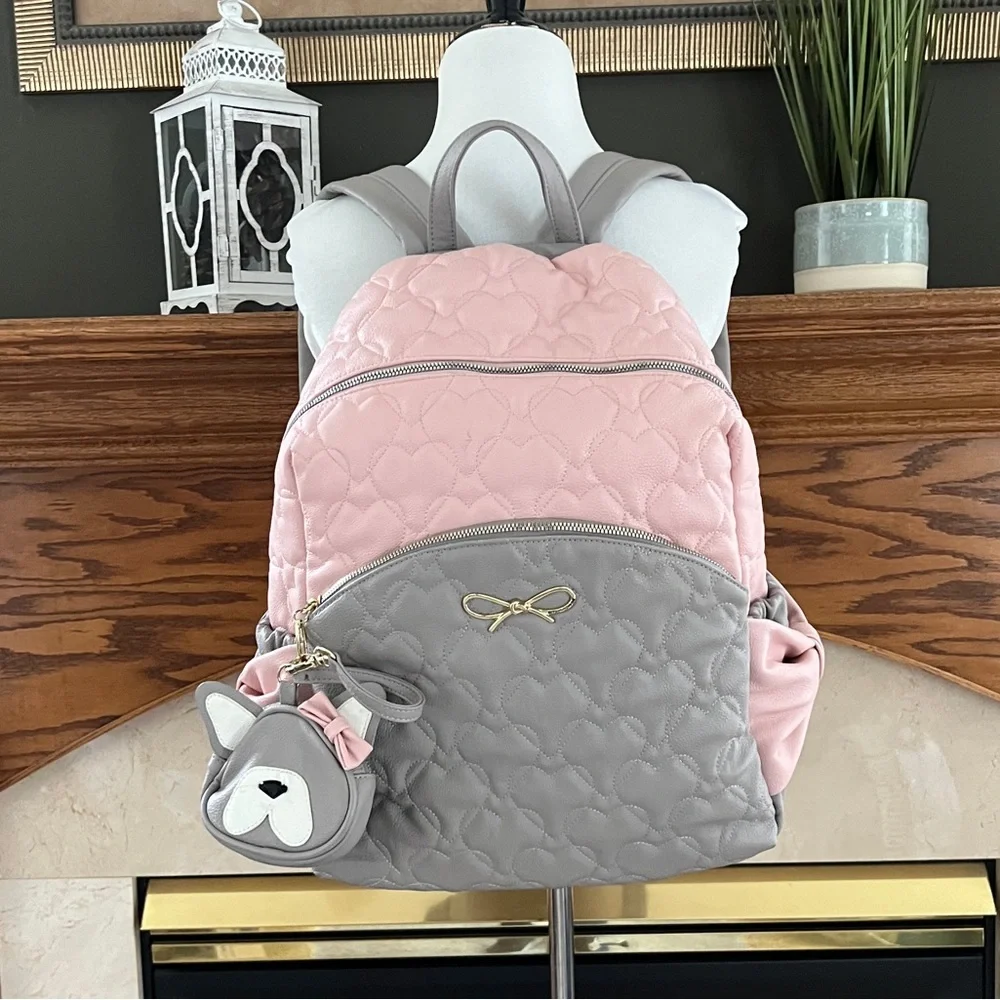 Betsey Johnson Pink and Gray True to Your Heart Quilted Backpack Diaper Bag‎